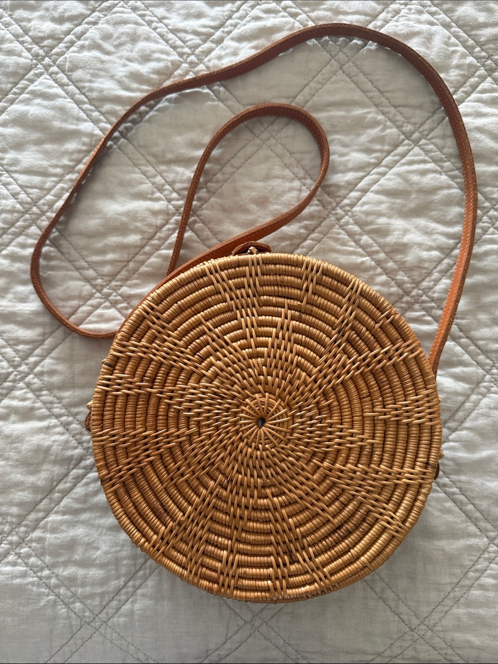 Handwoven Round Rattan Crossbody Bag - Tan